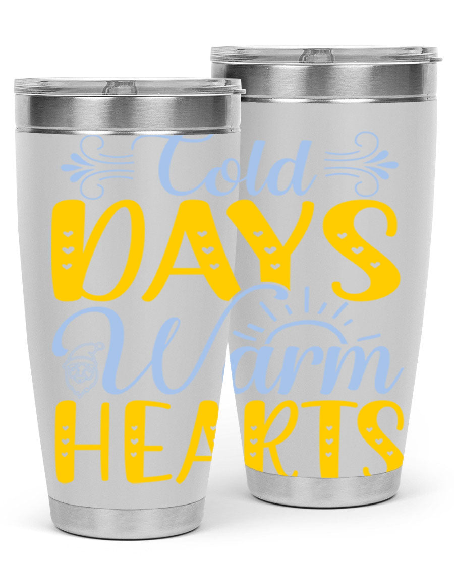 Cold Days Warm Hearts 20oz and 30oz stainless steel tumblers with copper lining, showcasing their sleek design and drink-thru lid.