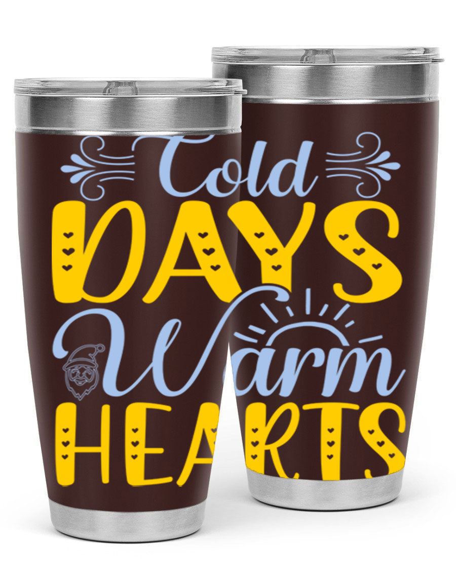 Cold Days Warm Hearts 20oz and 30oz stainless steel tumblers with copper lining, showcasing their sleek design and drink-thru lid.