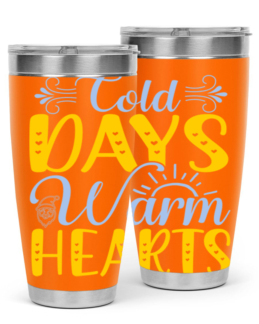 Cold Days Warm Hearts 20oz and 30oz stainless steel tumblers with copper lining, showcasing their sleek design and drink-thru lid.