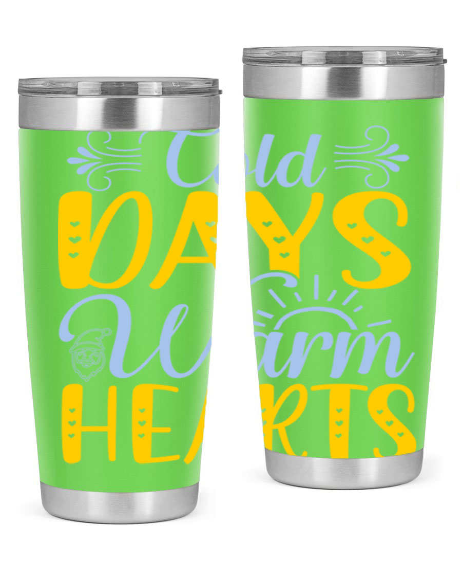 Cold Days Warm Hearts 20oz and 30oz stainless steel tumblers with copper lining, showcasing their sleek design and drink-thru lid.