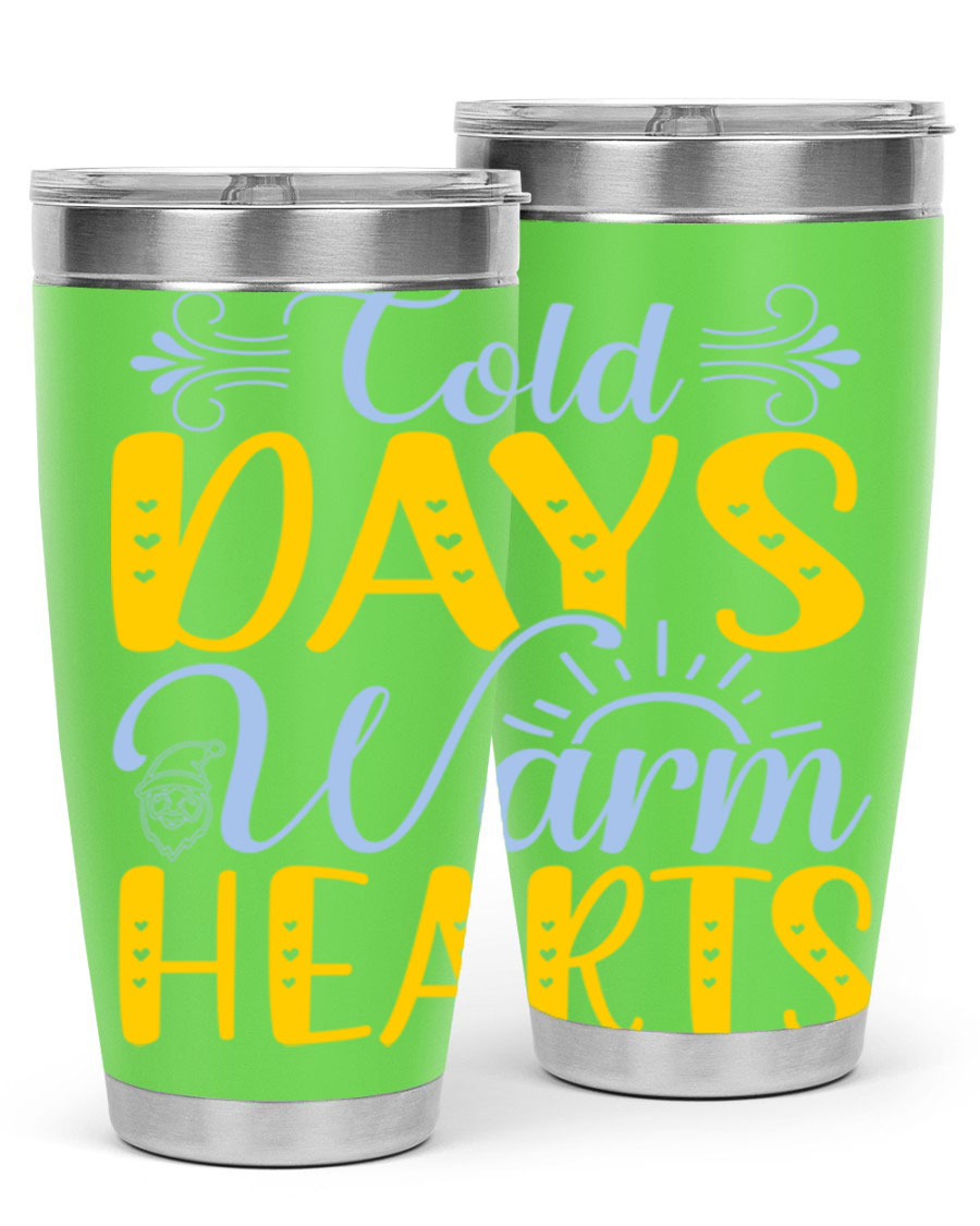 Cold Days Warm Hearts 20oz and 30oz stainless steel tumblers with copper lining, showcasing their sleek design and drink-thru lid.