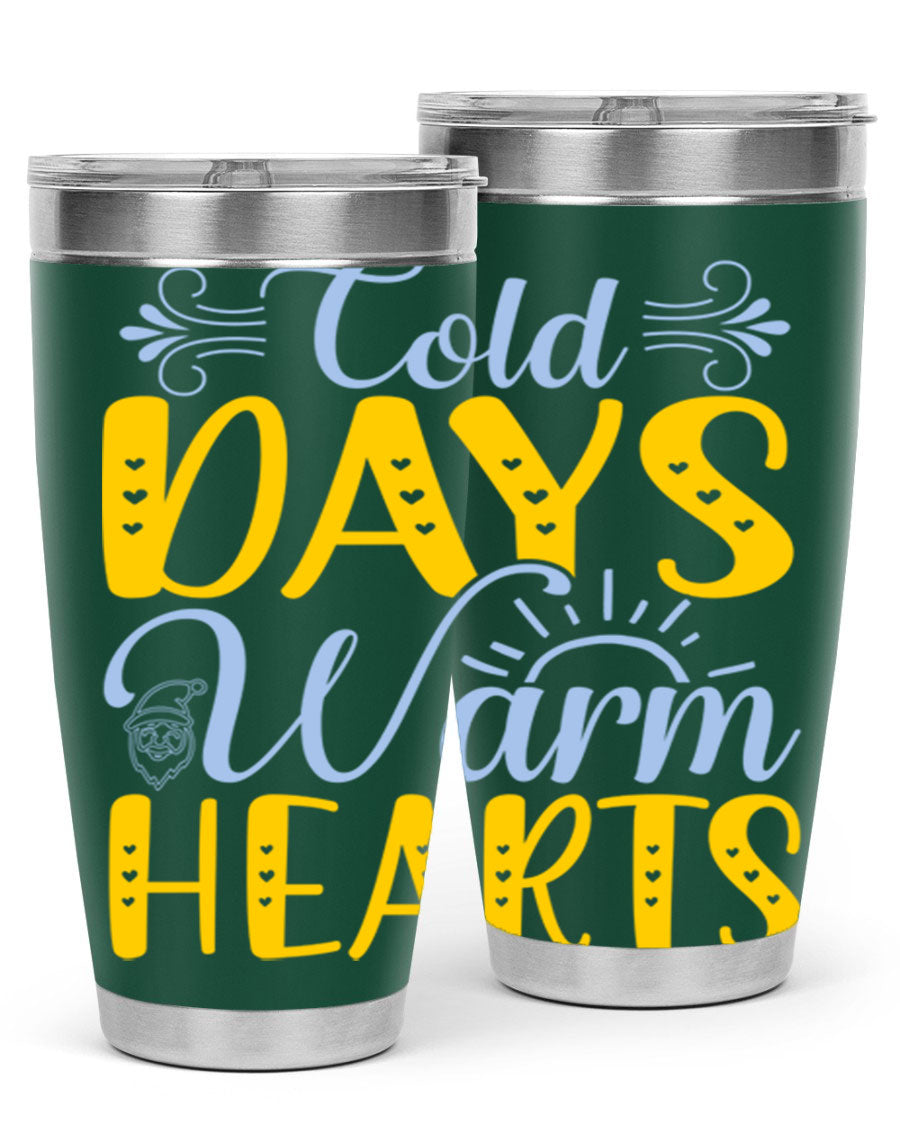 Cold Days Warm Hearts 20oz and 30oz stainless steel tumblers with copper lining, showcasing their sleek design and drink-thru lid.