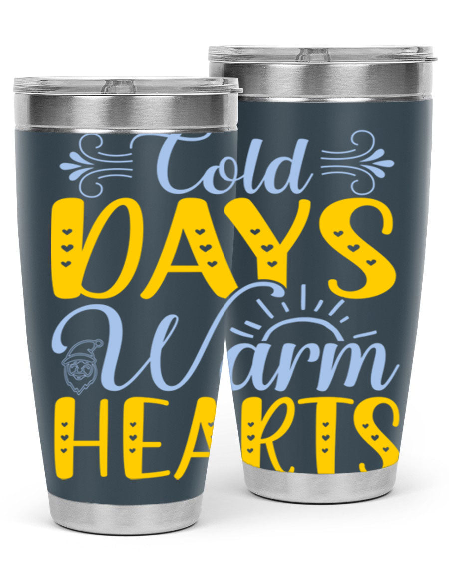 Cold Days Warm Hearts 20oz and 30oz stainless steel tumblers with copper lining, showcasing their sleek design and drink-thru lid.