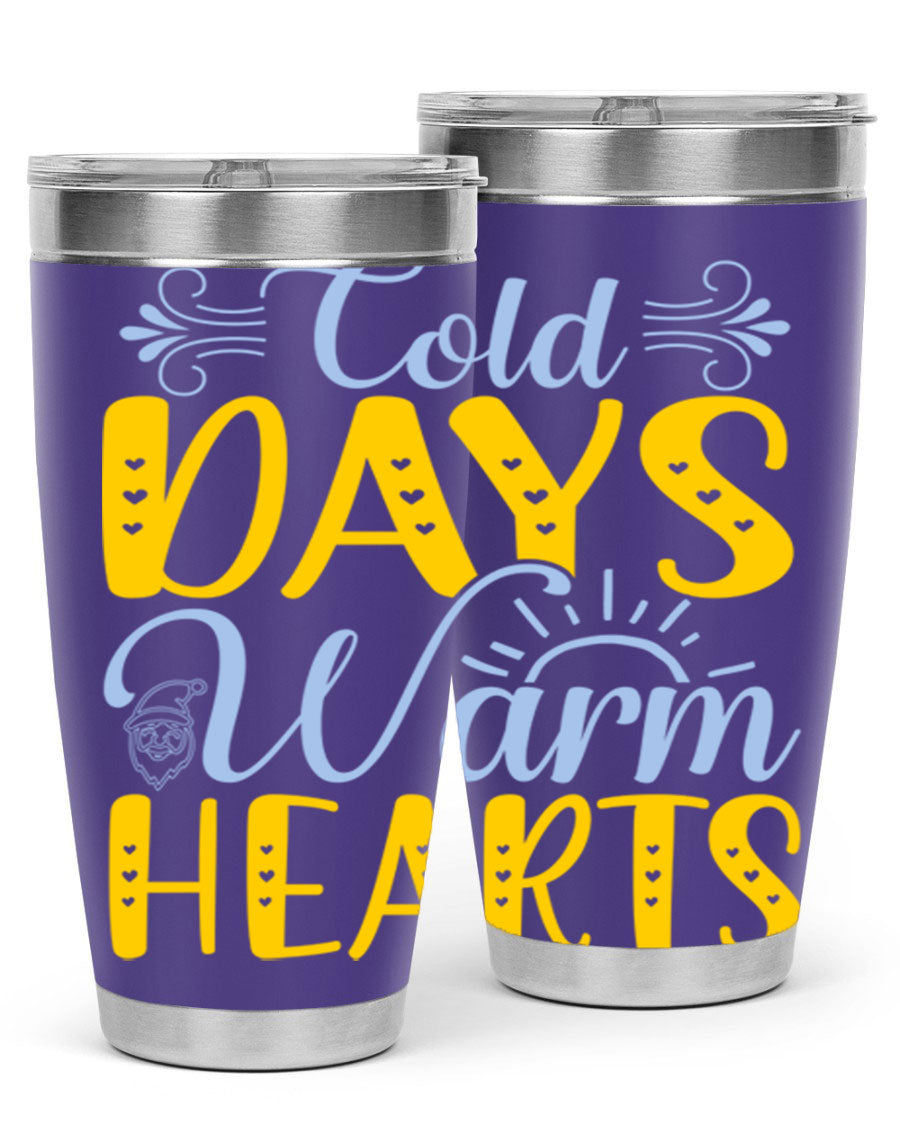 Cold Days Warm Hearts 20oz and 30oz stainless steel tumblers with copper lining, showcasing their sleek design and drink-thru lid.