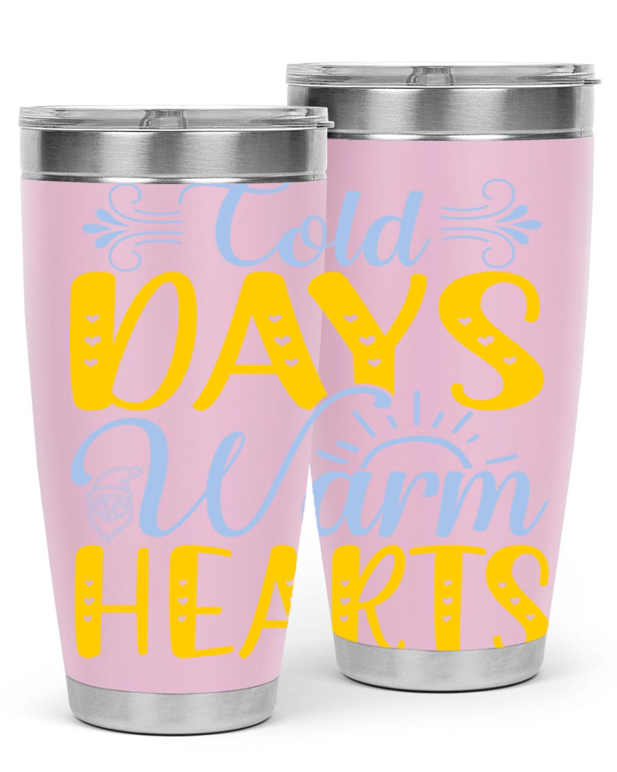 Cold Days Warm Hearts 20oz and 30oz stainless steel tumblers with copper lining, showcasing their sleek design and drink-thru lid.