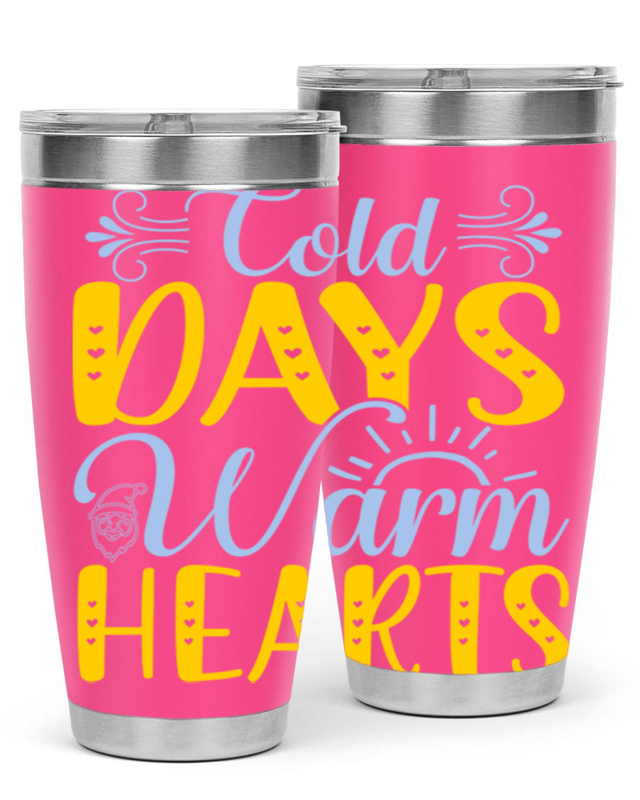 Cold Days Warm Hearts 20oz and 30oz stainless steel tumblers with copper lining, showcasing their sleek design and drink-thru lid.