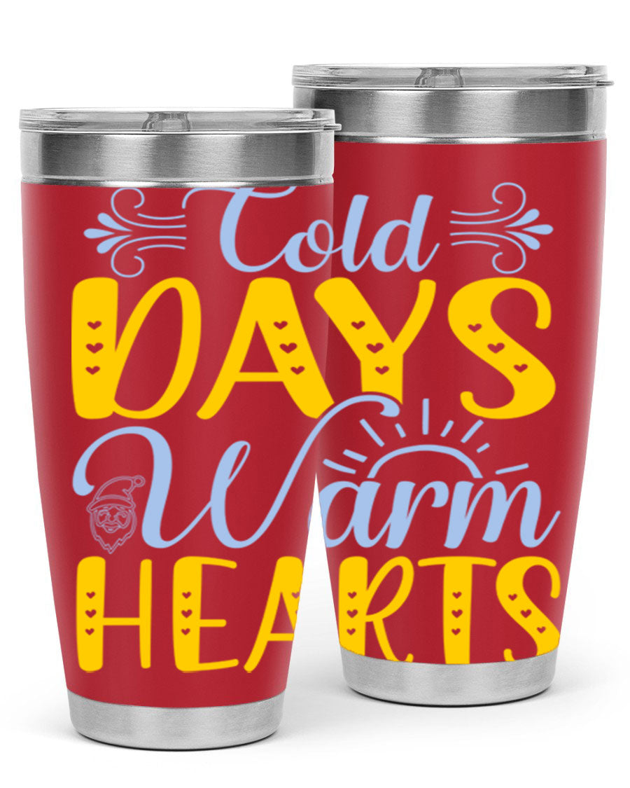 Cold Days Warm Hearts 20oz and 30oz stainless steel tumblers with copper lining, showcasing their sleek design and drink-thru lid.