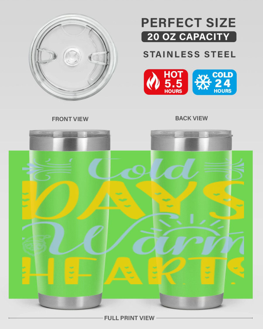 Cold Days Warm Hearts 20oz and 30oz stainless steel tumblers with copper lining, showcasing their sleek design and drink-thru lid.