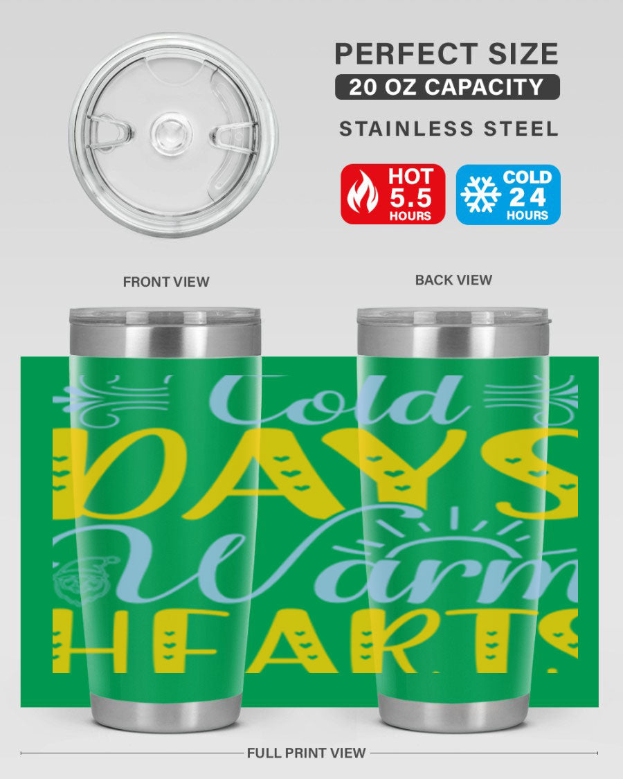 Cold Days Warm Hearts 20oz and 30oz stainless steel tumblers with copper lining, showcasing their sleek design and drink-thru lid.