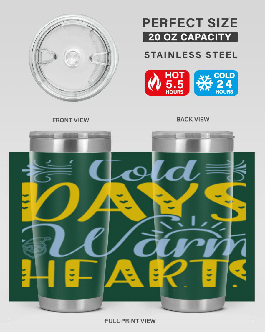 Cold Days Warm Hearts 20oz and 30oz stainless steel tumblers with copper lining, showcasing their sleek design and drink-thru lid.