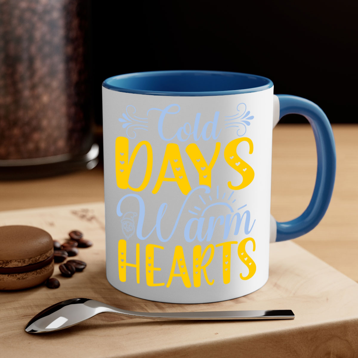 Cold Days Warm Hearts Mug featuring a glossy finish, colored handle, and interior, available in five vibrant colors.