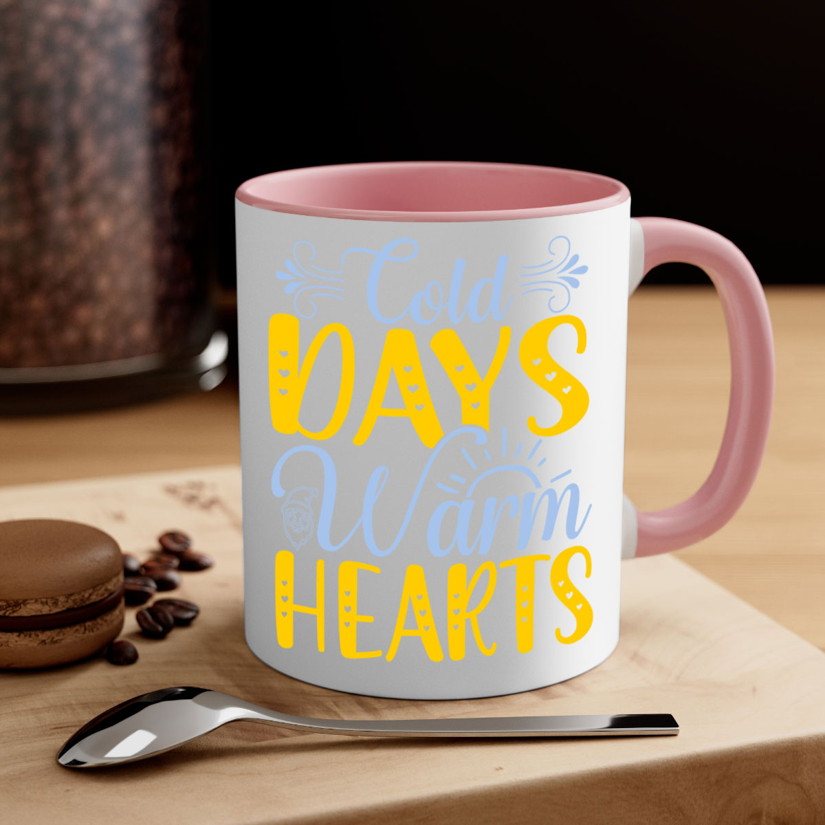 Cold Days Warm Hearts Mug featuring a glossy finish, colored handle, and interior, available in five vibrant colors.