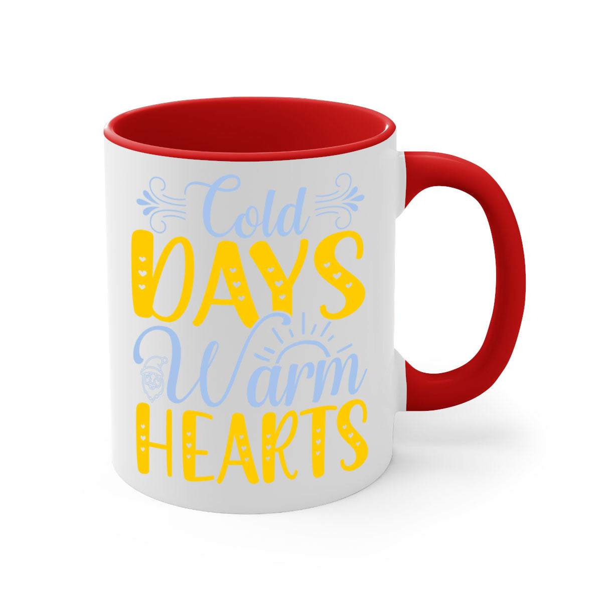 Cold Days Warm Hearts Mug featuring a glossy finish, colored handle, and interior, available in five vibrant colors.