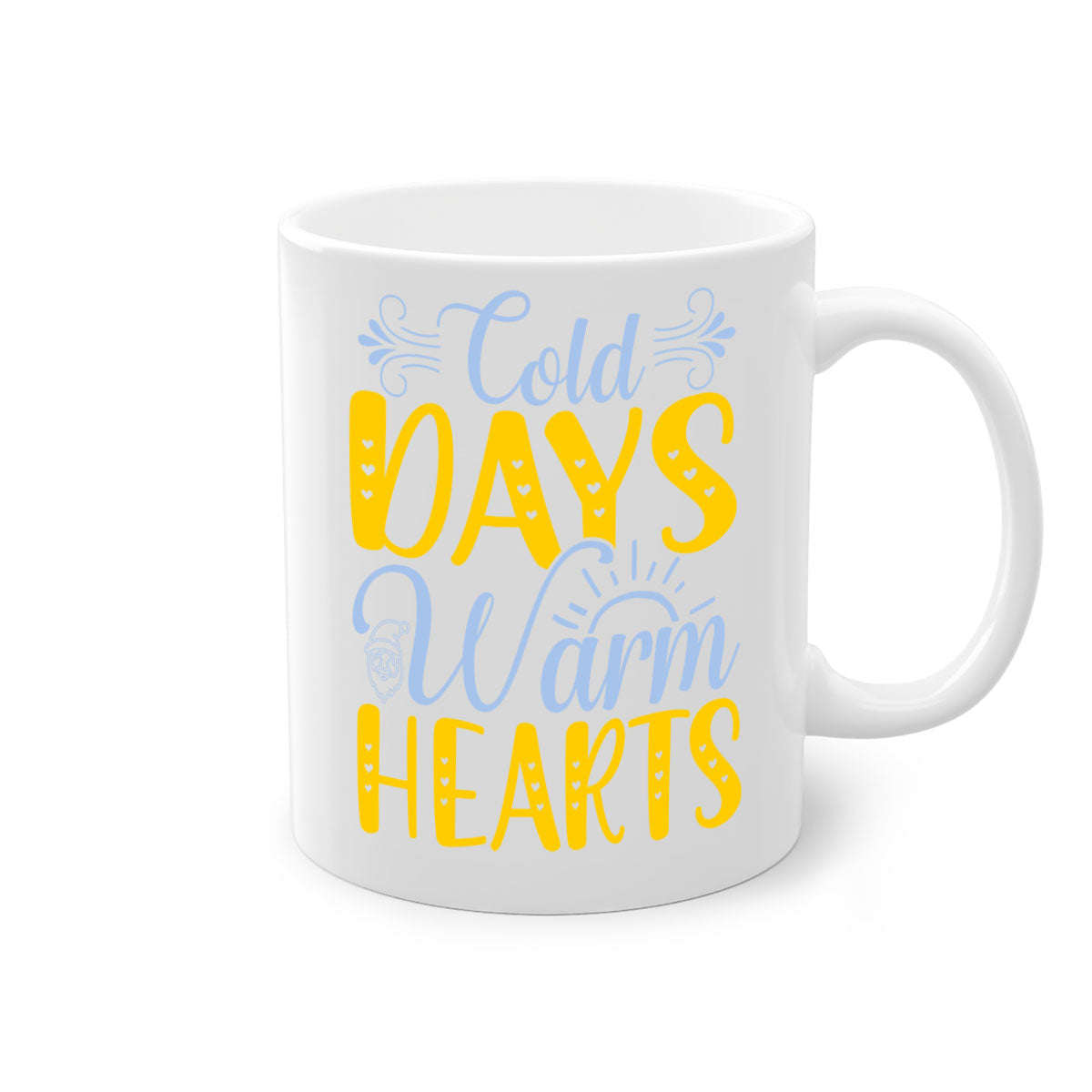 Cold Days Warm Hearts Mug featuring a glossy finish, colored handle, and interior, available in five vibrant colors.