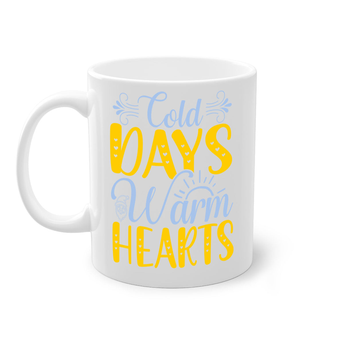 Cold Days Warm Hearts Mug featuring a glossy finish, colored handle, and interior, available in five vibrant colors.