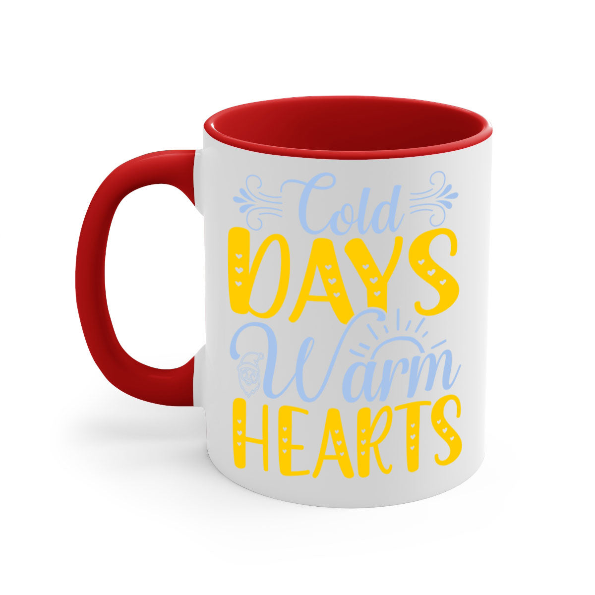 Cold Days Warm Hearts Mug featuring a glossy finish, colored handle, and interior, available in five vibrant colors.