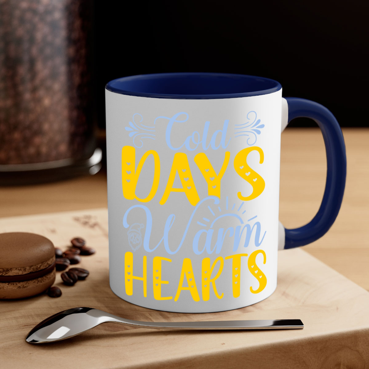 Cold Days Warm Hearts Mug featuring a glossy finish, colored handle, and interior, available in five vibrant colors.