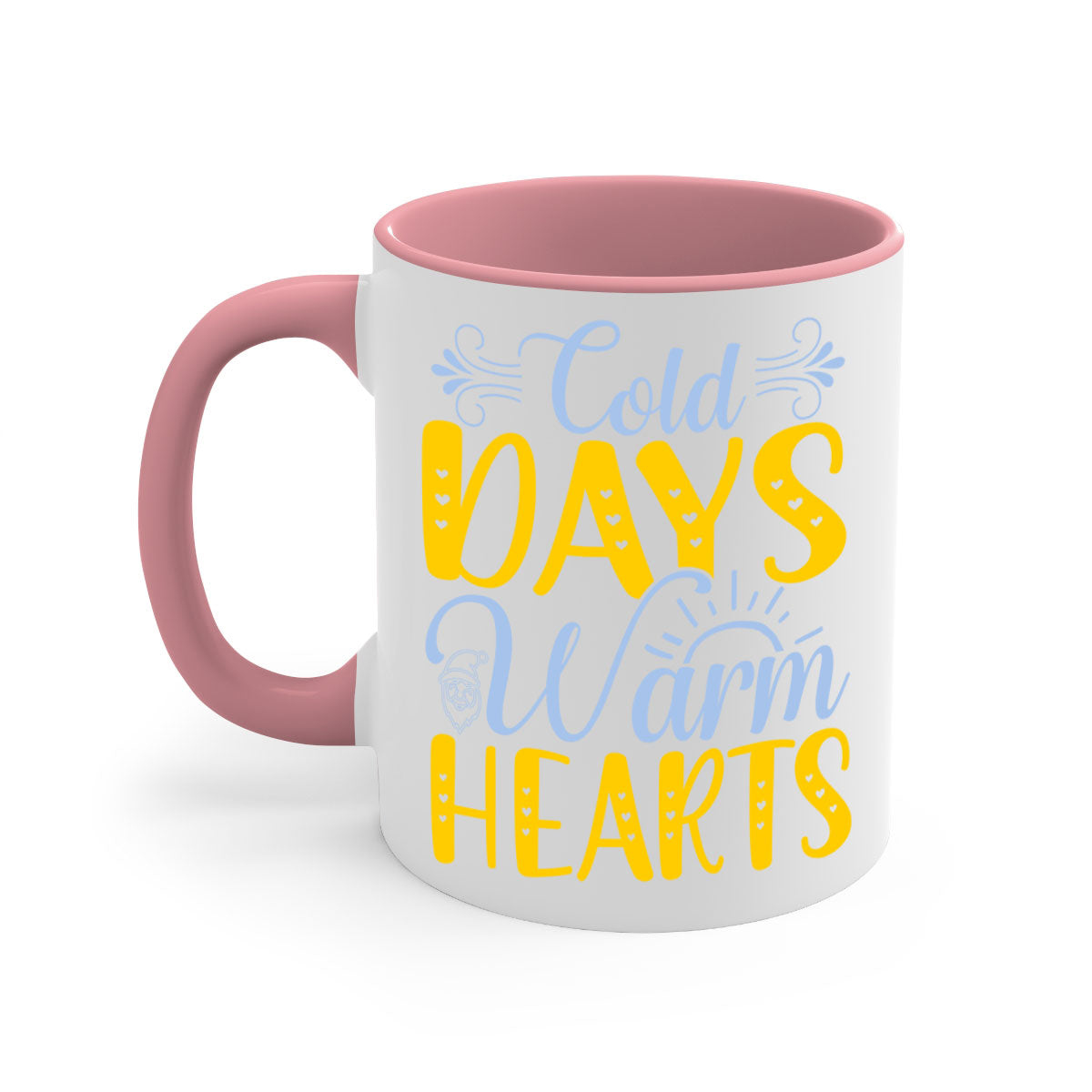 Cold Days Warm Hearts Mug featuring a glossy finish, colored handle, and interior, available in five vibrant colors.