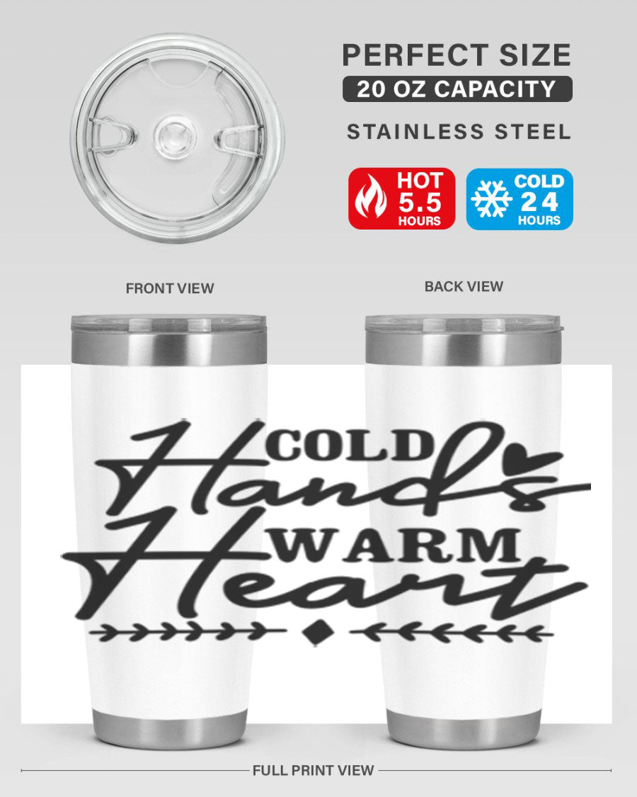 Cold Hands Warm Heart 45# winter tumbler in stainless steel with a drink-thru lid, showcasing its sleek design and vibrant print.