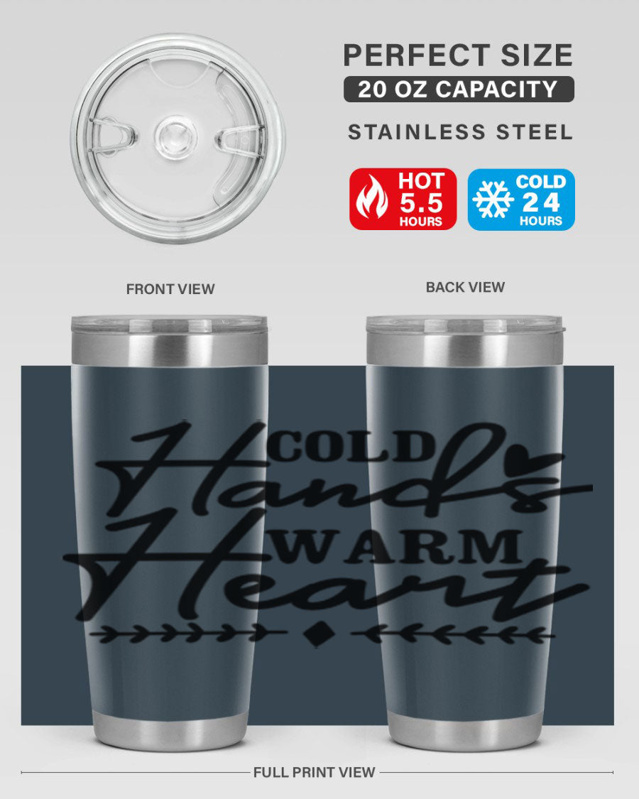 Cold Hands Warm Heart 45# winter tumbler in stainless steel with a drink-thru lid, showcasing its sleek design and vibrant print.