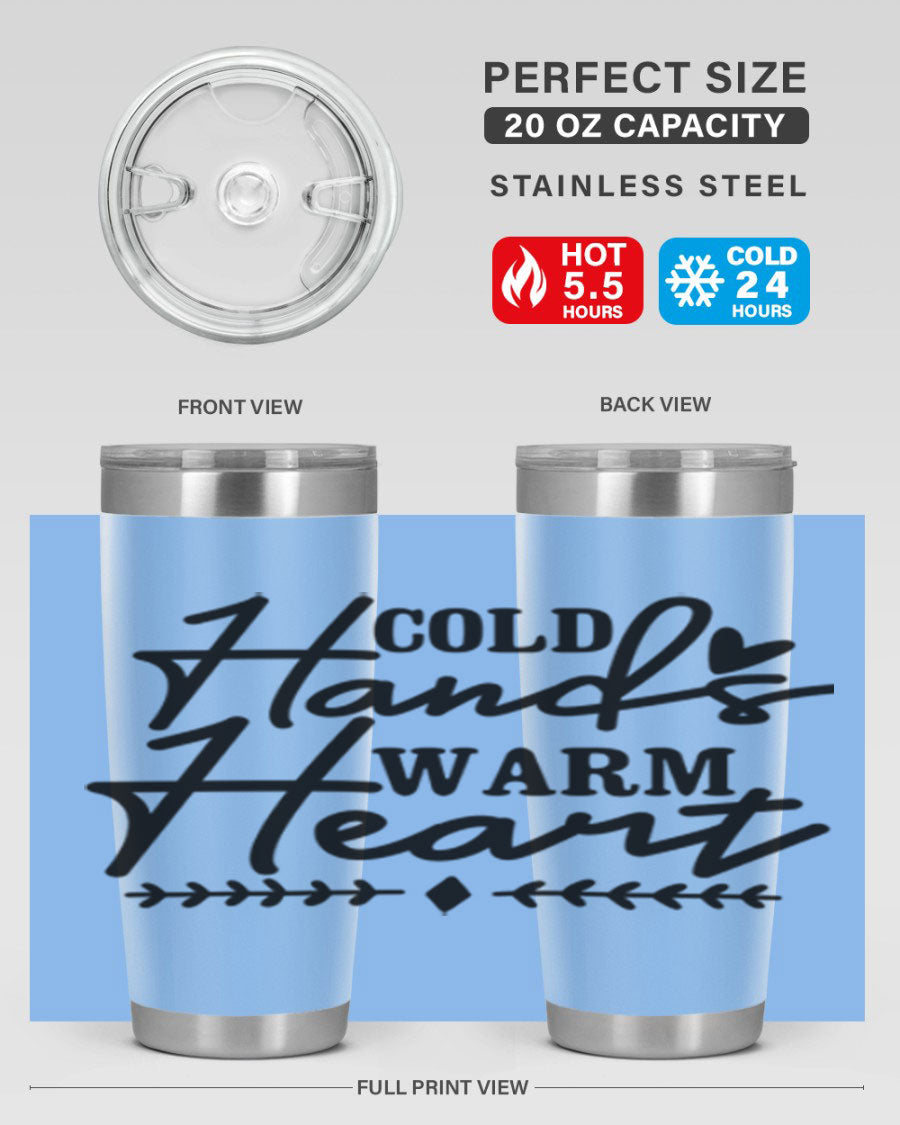 Cold Hands Warm Heart 45# winter tumbler in stainless steel with a drink-thru lid, showcasing its sleek design and vibrant print.