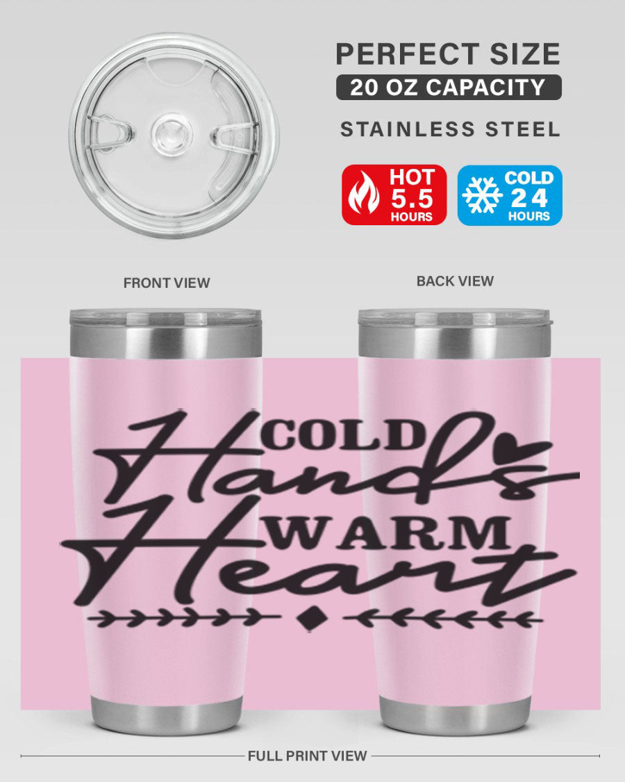 Cold Hands Warm Heart 45# winter tumbler in stainless steel with a drink-thru lid, showcasing its sleek design and vibrant print.