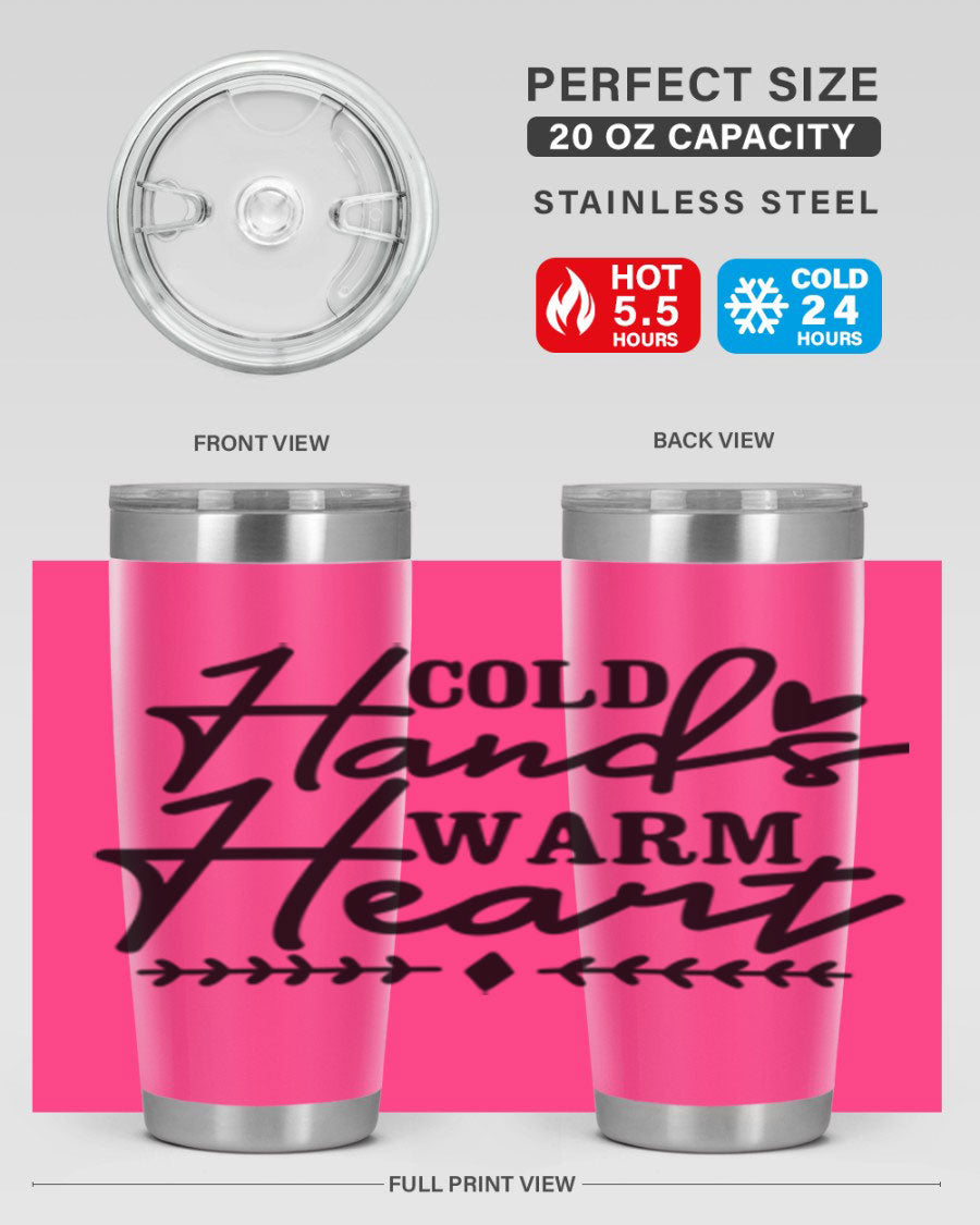 Cold Hands Warm Heart 45# winter tumbler in stainless steel with a drink-thru lid, showcasing its sleek design and vibrant print.