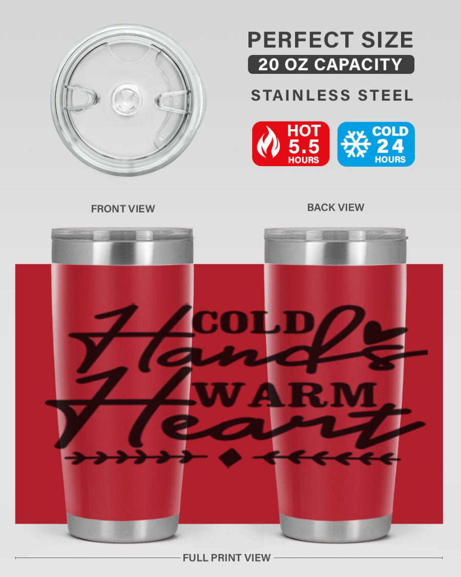 Cold Hands Warm Heart 45# winter tumbler in stainless steel with a drink-thru lid, showcasing its sleek design and vibrant print.