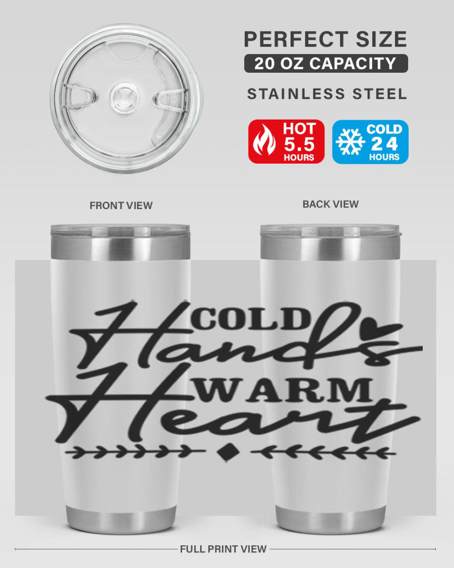 Cold Hands Warm Heart 45# winter tumbler in stainless steel with a drink-thru lid, showcasing its sleek design and vibrant print.