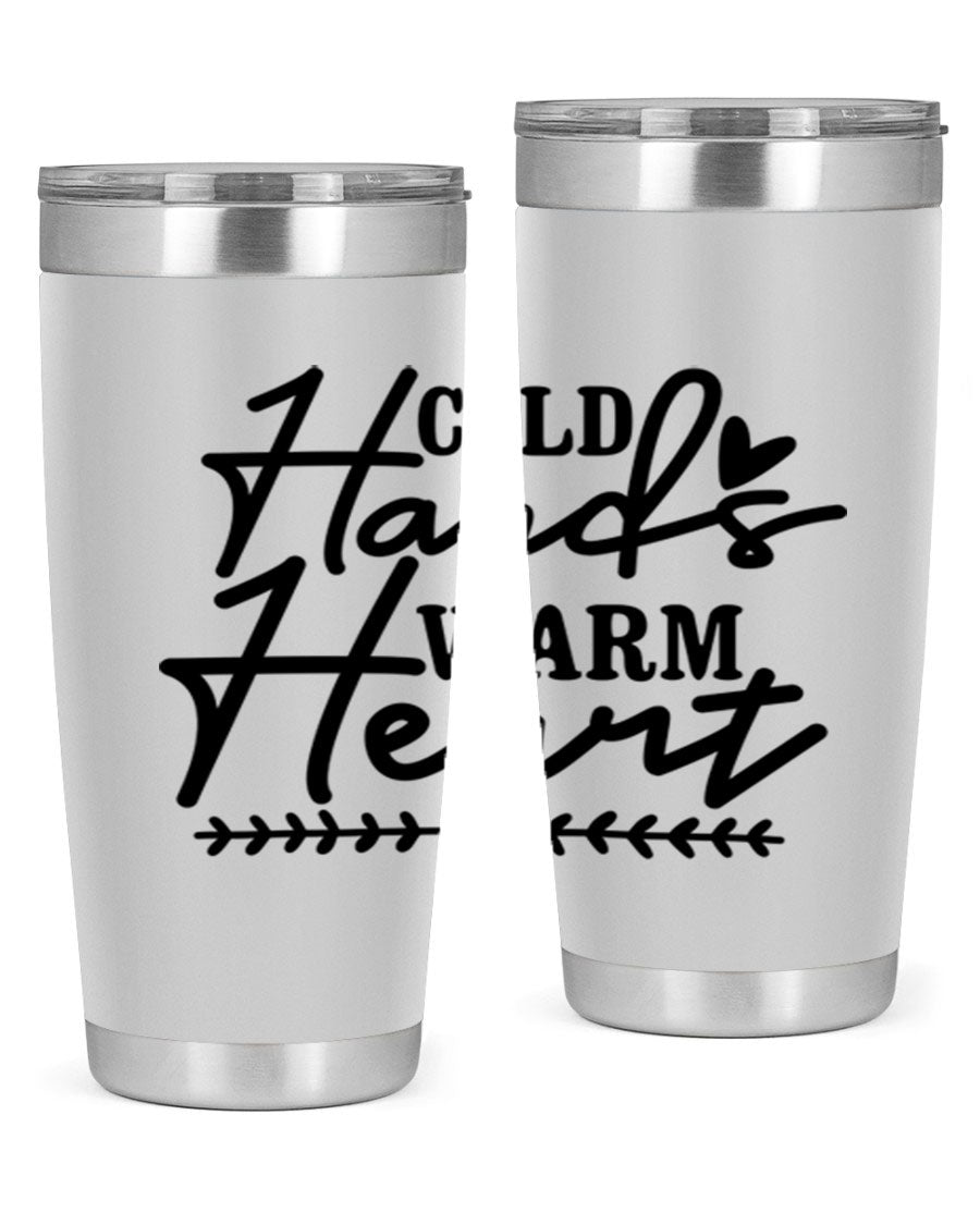 Cold Hands Warm Heart 45# winter tumbler in stainless steel with a drink-thru lid, showcasing its sleek design and vibrant print.