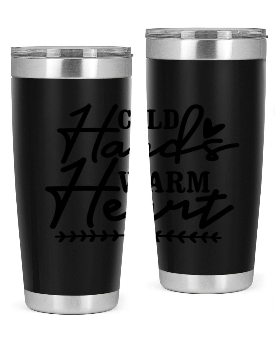 Cold Hands Warm Heart 45# winter tumbler in stainless steel with a drink-thru lid, showcasing its sleek design and vibrant print.