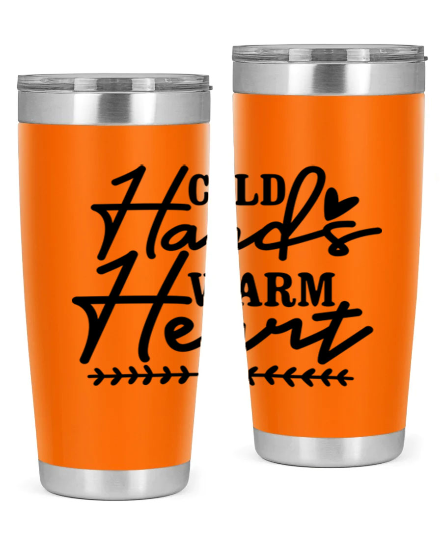 Cold Hands Warm Heart 45# winter tumbler in stainless steel with a drink-thru lid, showcasing its sleek design and vibrant print.