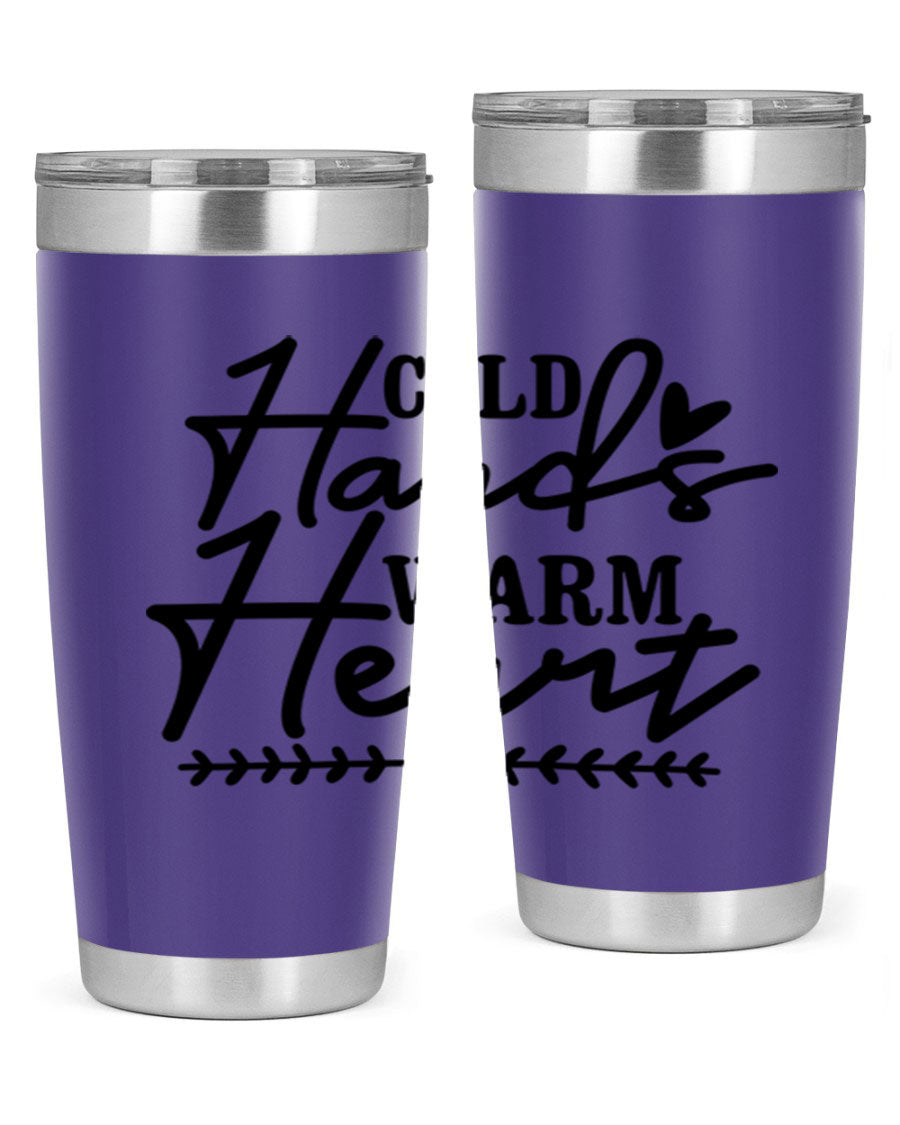 Cold Hands Warm Heart 45# winter tumbler in stainless steel with a drink-thru lid, showcasing its sleek design and vibrant print.