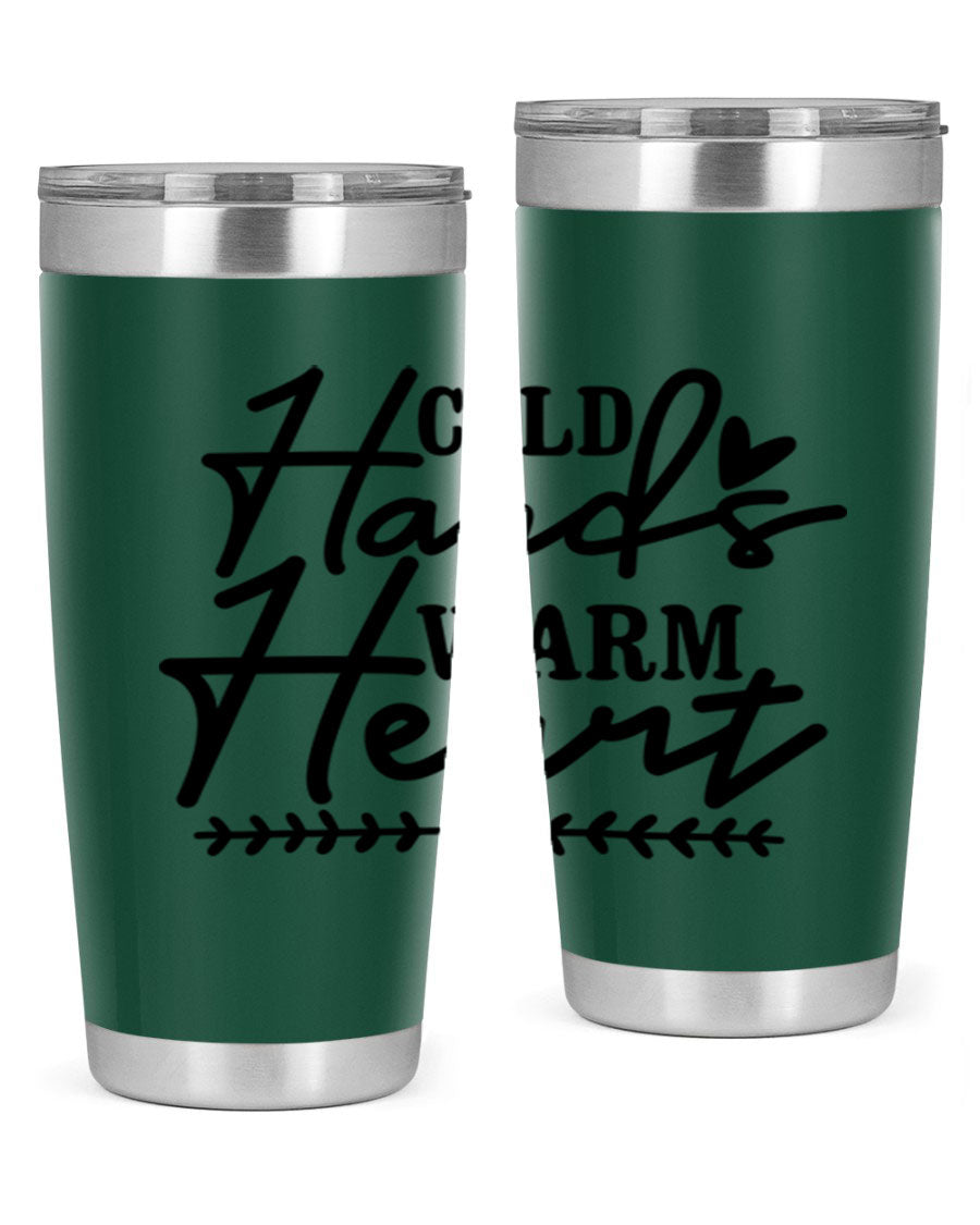 Cold Hands Warm Heart 45# winter tumbler in stainless steel with a drink-thru lid, showcasing its sleek design and vibrant print.