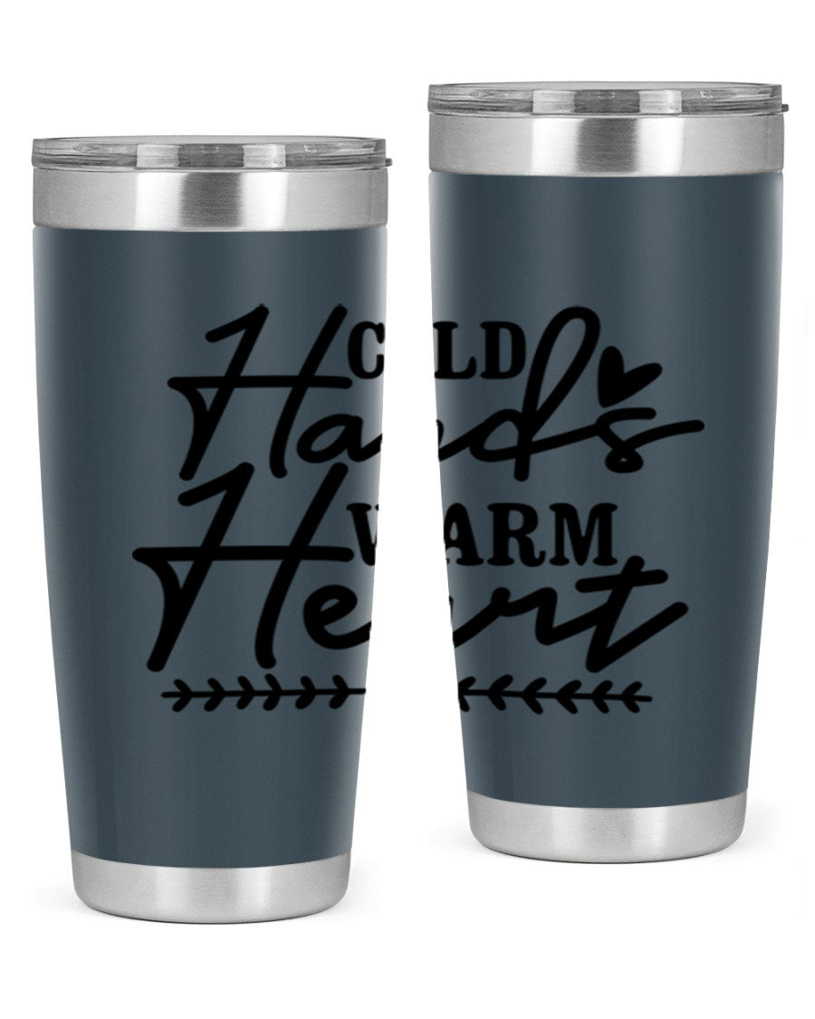 Cold Hands Warm Heart 45# winter tumbler in stainless steel with a drink-thru lid, showcasing its sleek design and vibrant print.