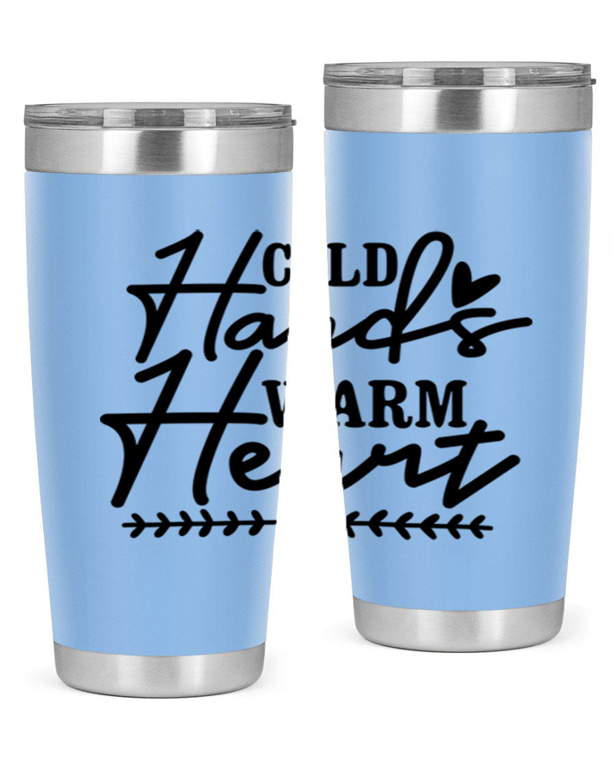 Cold Hands Warm Heart 45# winter tumbler in stainless steel with a drink-thru lid, showcasing its sleek design and vibrant print.