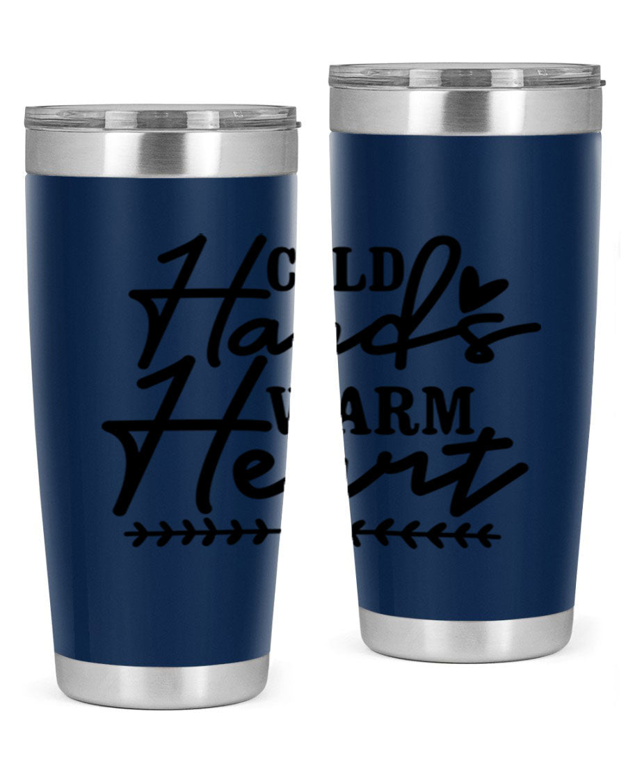 Cold Hands Warm Heart 45# winter tumbler in stainless steel with a drink-thru lid, showcasing its sleek design and vibrant print.