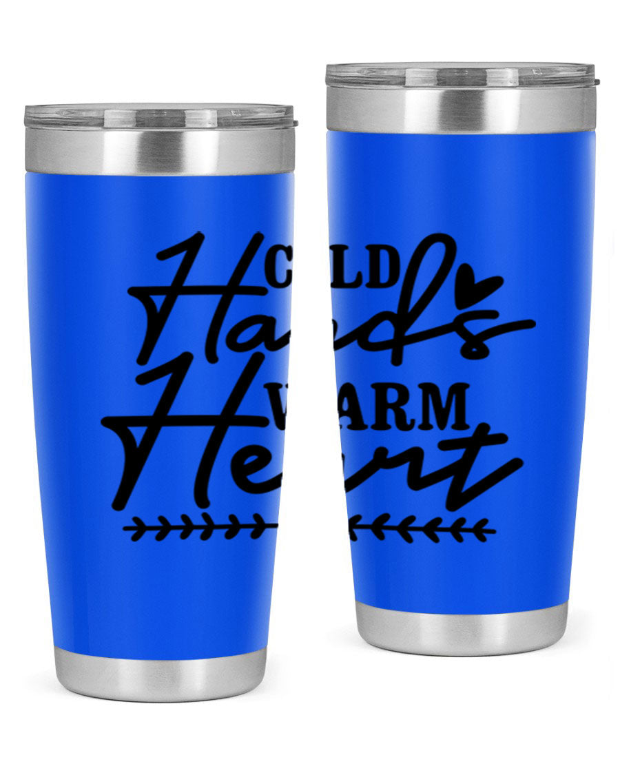 Cold Hands Warm Heart 45# winter tumbler in stainless steel with a drink-thru lid, showcasing its sleek design and vibrant print.
