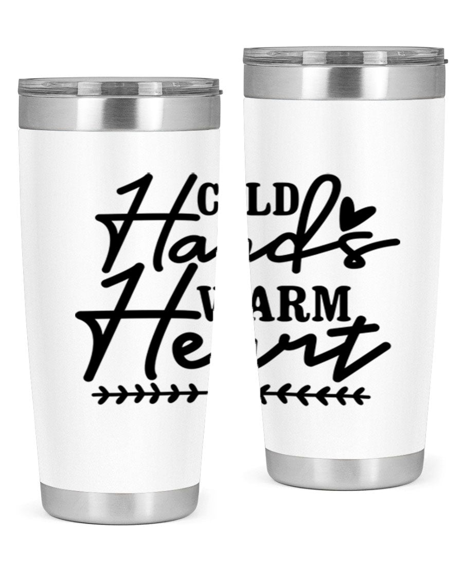 Cold Hands Warm Heart 45# winter tumbler in stainless steel with a drink-thru lid, showcasing its sleek design and vibrant print.