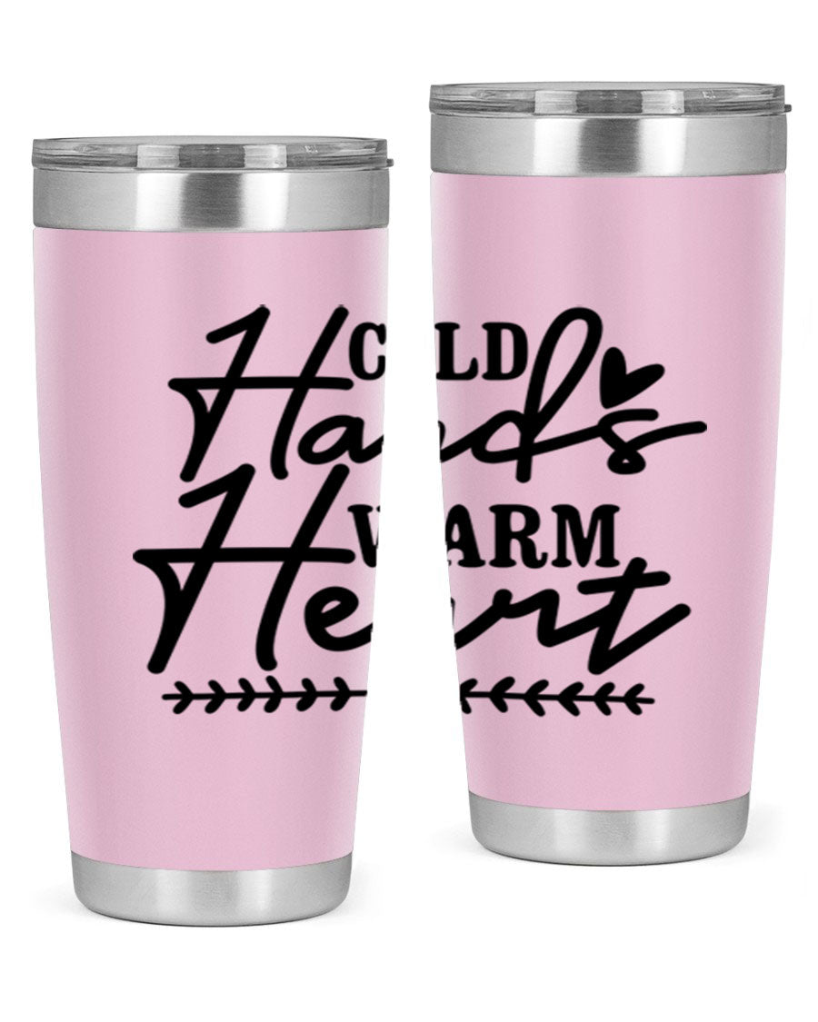 Cold Hands Warm Heart 45# winter tumbler in stainless steel with a drink-thru lid, showcasing its sleek design and vibrant print.