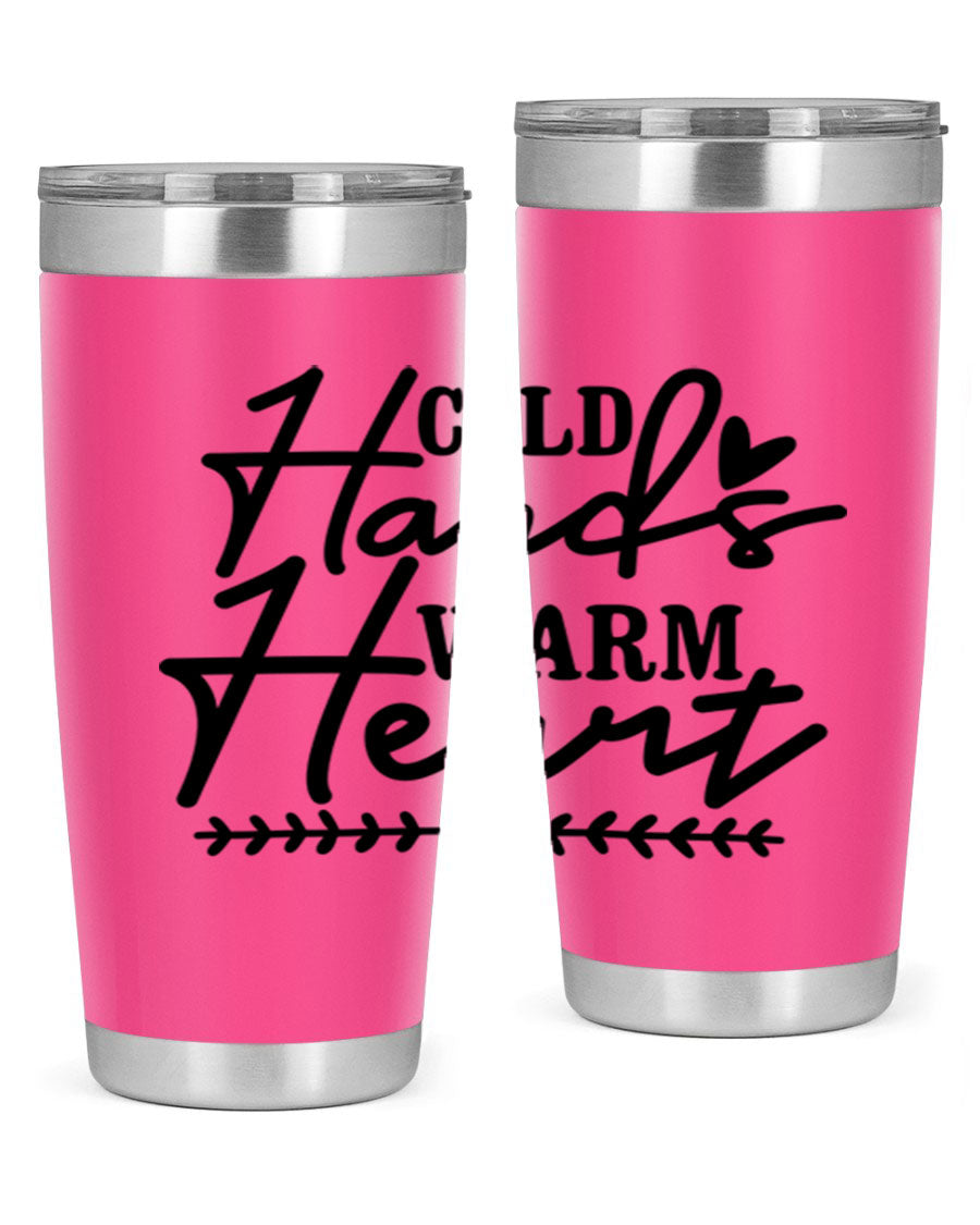 Cold Hands Warm Heart 45# winter tumbler in stainless steel with a drink-thru lid, showcasing its sleek design and vibrant print.