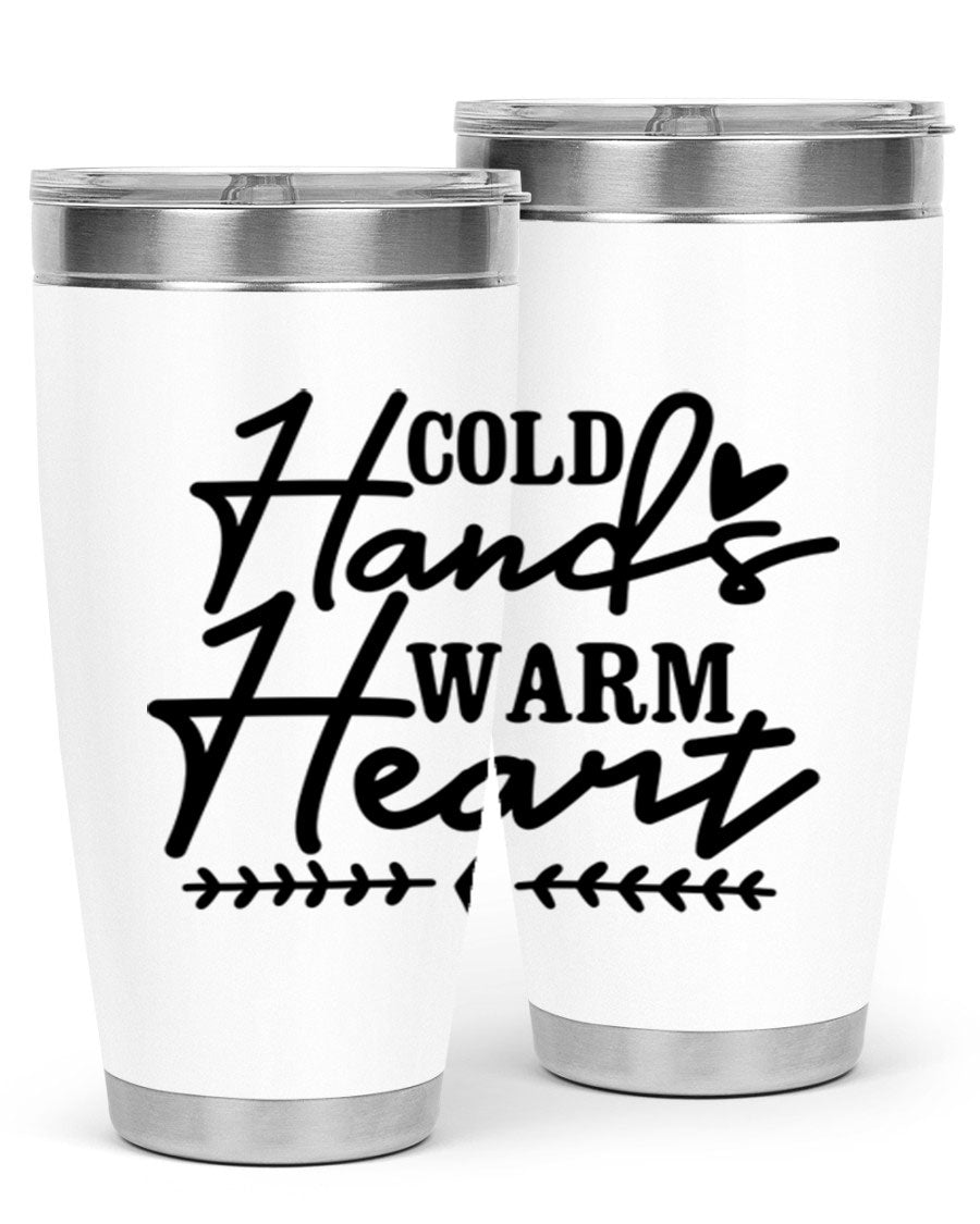 Cold Hands Warm Heart 45# winter tumbler in stainless steel with a drink-thru lid, showcasing its sleek design and vibrant print.