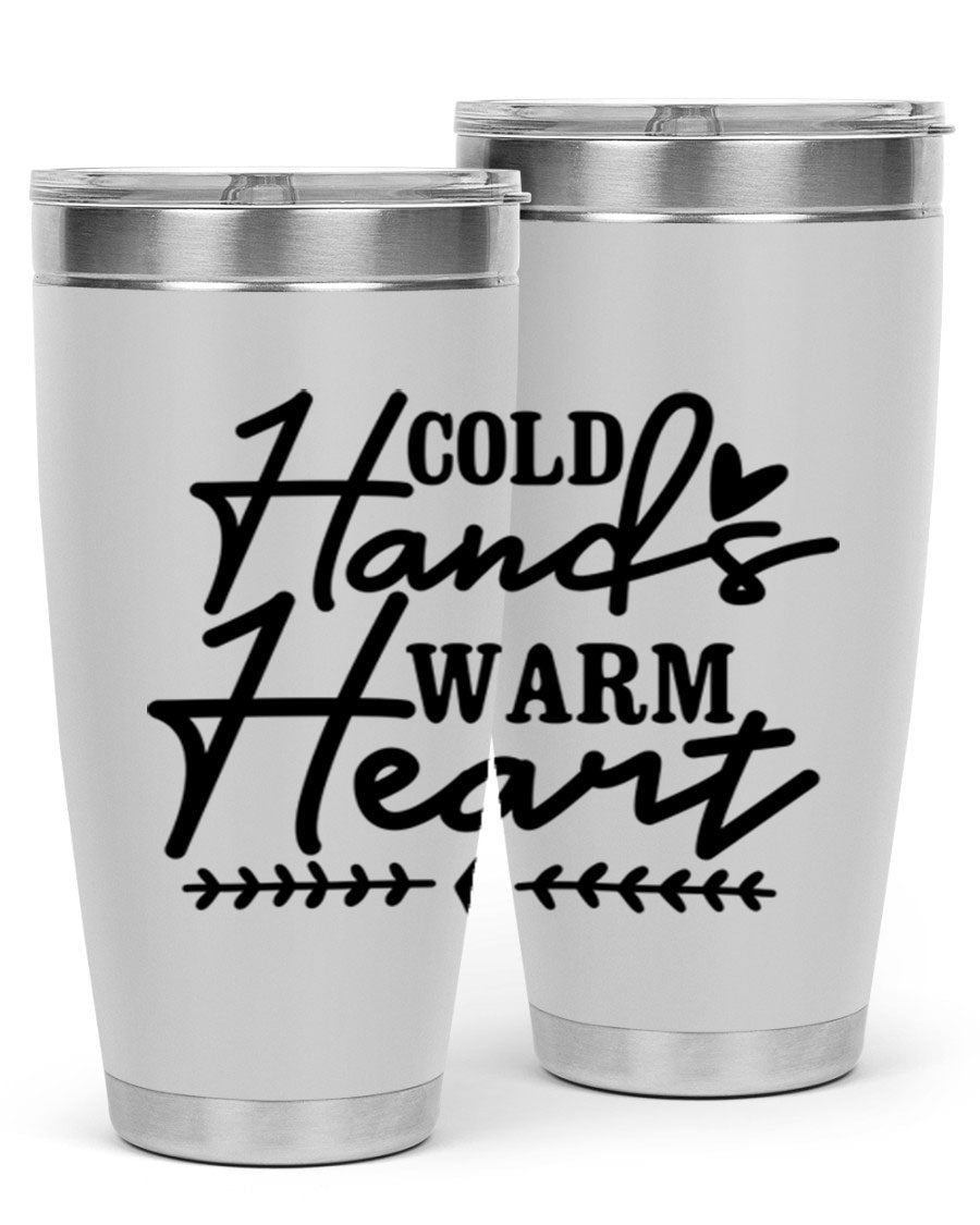 Cold Hands Warm Heart 45# winter tumbler in stainless steel with a drink-thru lid, showcasing its sleek design and vibrant print.