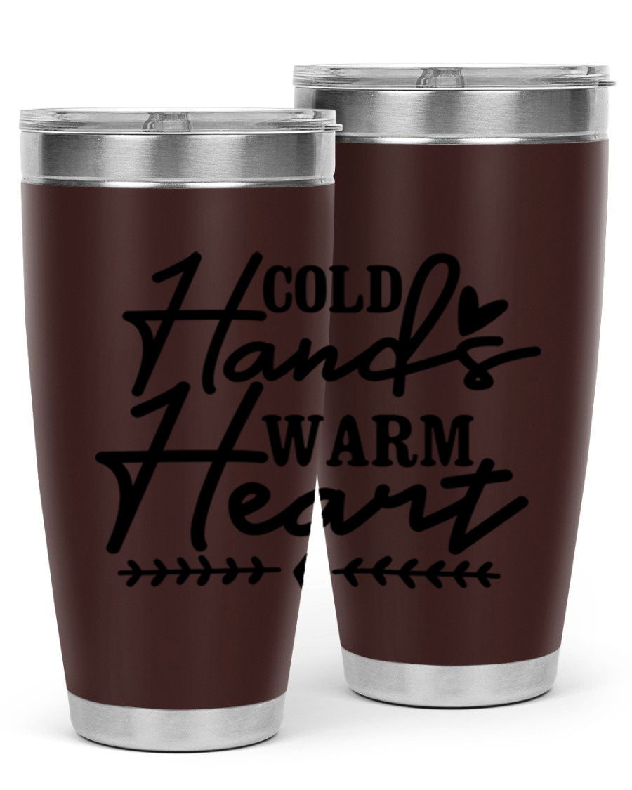 Cold Hands Warm Heart 45# winter tumbler in stainless steel with a drink-thru lid, showcasing its sleek design and vibrant print.