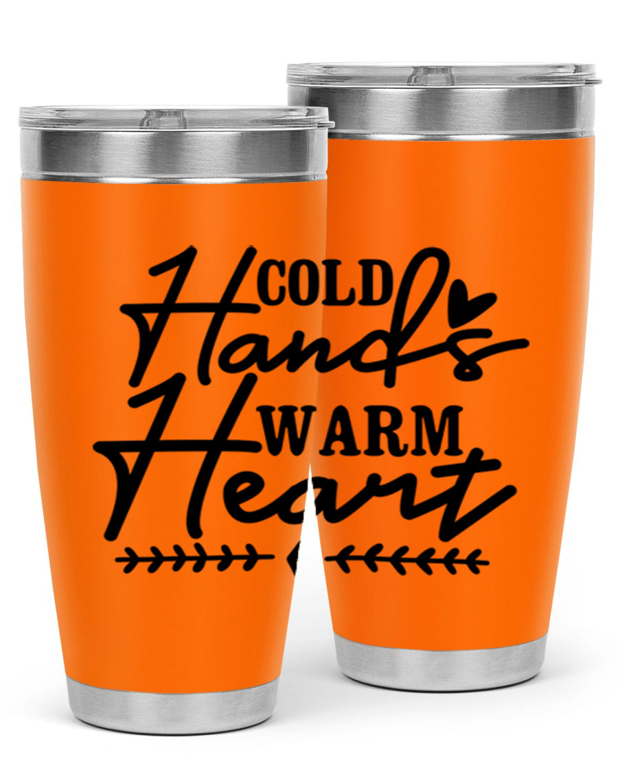 Cold Hands Warm Heart 45# winter tumbler in stainless steel with a drink-thru lid, showcasing its sleek design and vibrant print.