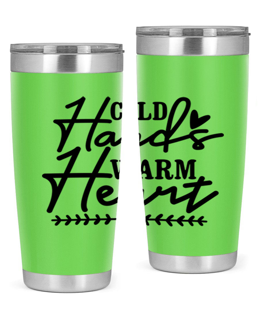 Cold Hands Warm Heart 45# winter tumbler in stainless steel with a drink-thru lid, showcasing its sleek design and vibrant print.