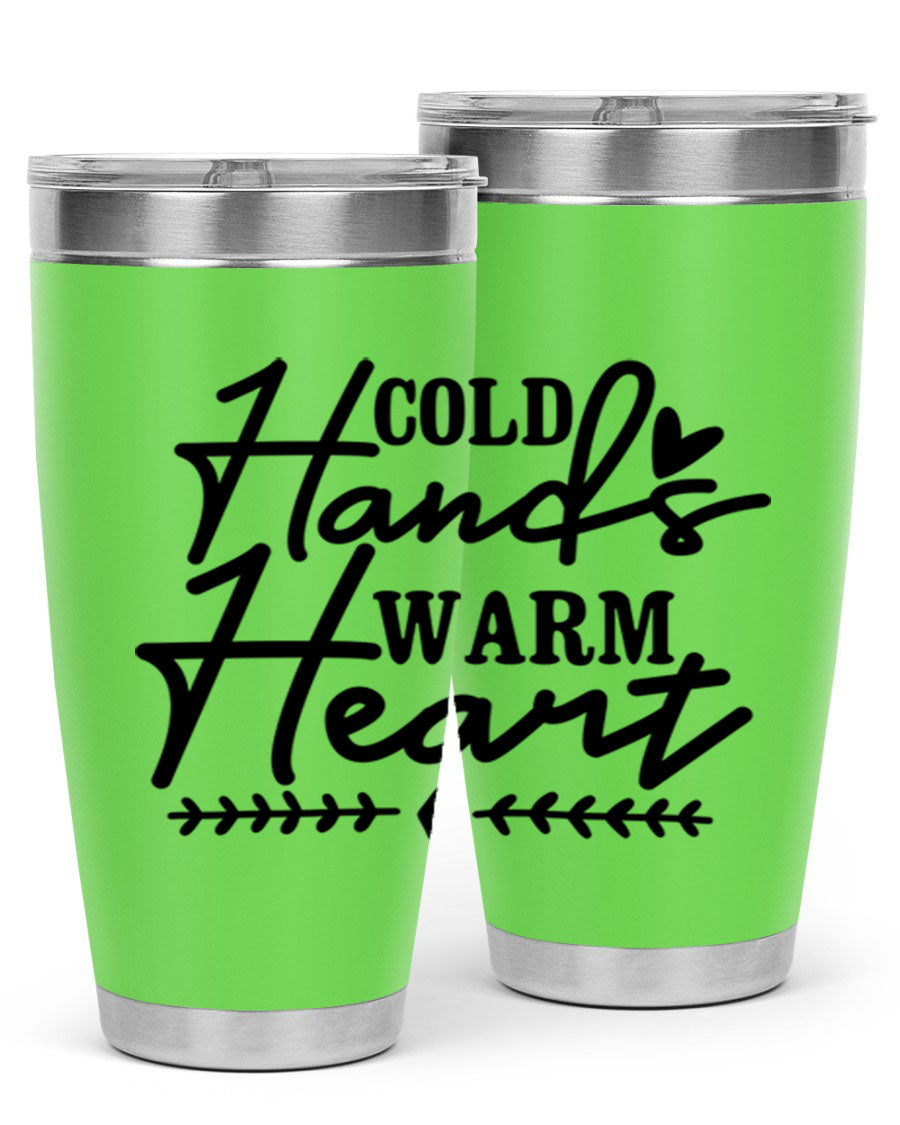 Cold Hands Warm Heart 45# winter tumbler in stainless steel with a drink-thru lid, showcasing its sleek design and vibrant print.
