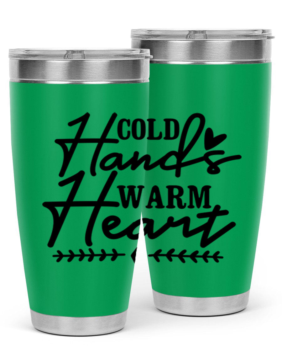 Cold Hands Warm Heart 45# winter tumbler in stainless steel with a drink-thru lid, showcasing its sleek design and vibrant print.