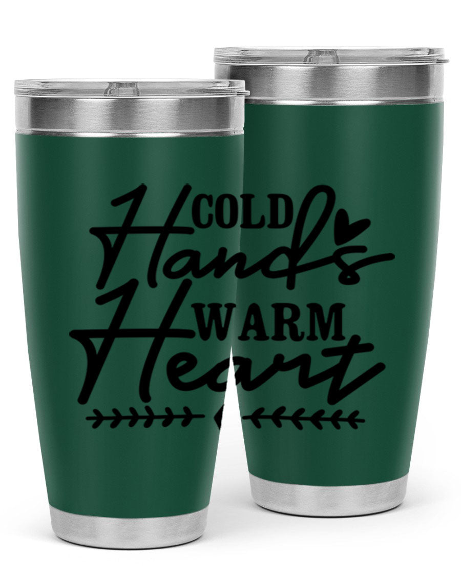 Cold Hands Warm Heart 45# winter tumbler in stainless steel with a drink-thru lid, showcasing its sleek design and vibrant print.