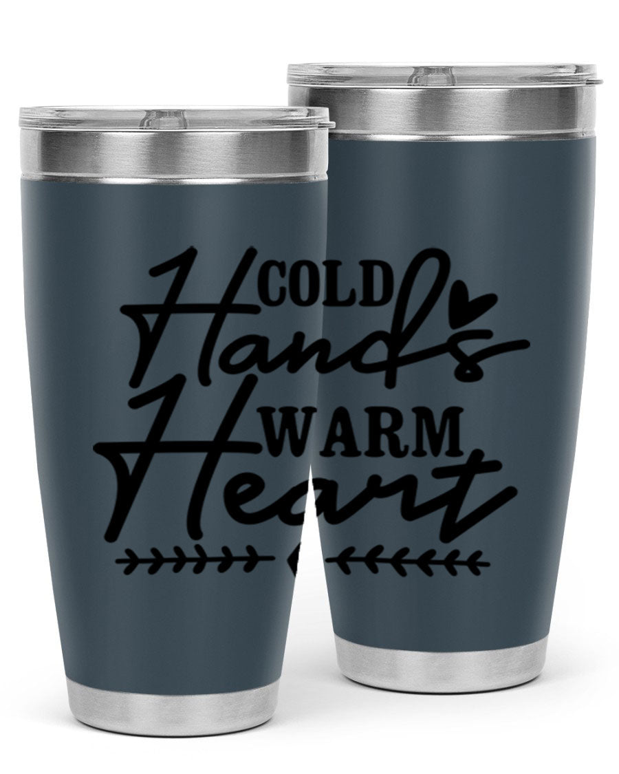 Cold Hands Warm Heart 45# winter tumbler in stainless steel with a drink-thru lid, showcasing its sleek design and vibrant print.